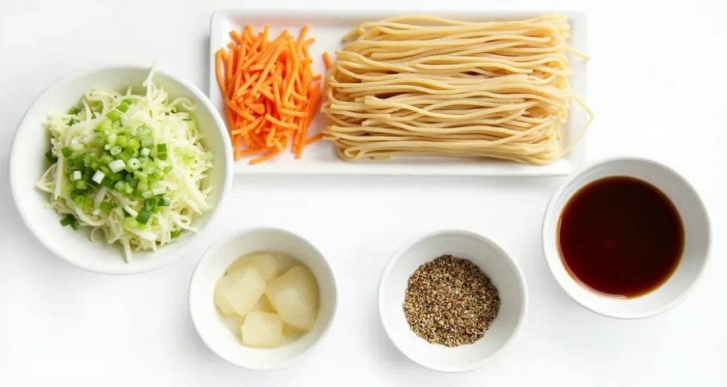 Ingredients for Cold Ramen Noodle Salad: ramen noodles, shredded cabbage, carrots, green onions, sesame seeds, and dressing components