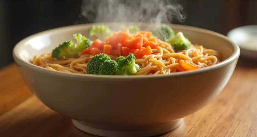 Instant noodles with added canned vegetables served in a bowl.