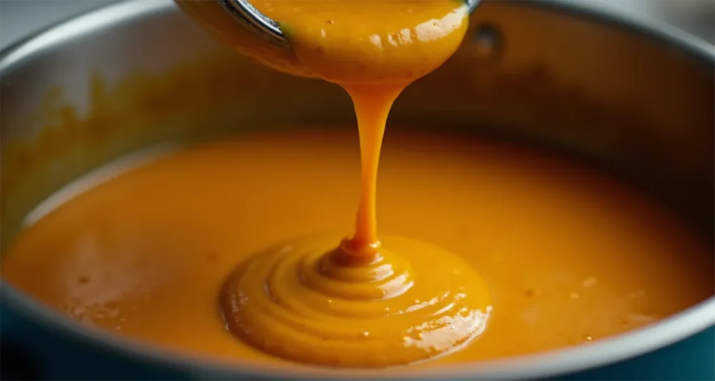 Pouring curry sauce into a camping pot for a flavorful base.