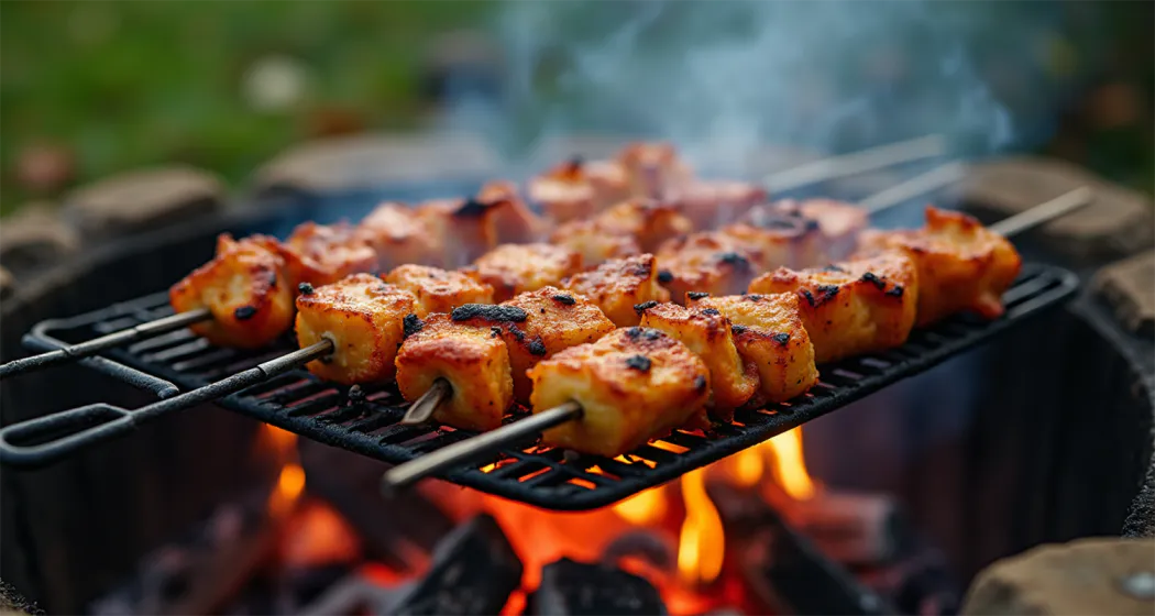 Juicy marinated chicken skewers cooking over a smoky campfire grill