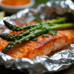 Salmon and Asparagus Foil Packs : Salmon and asparagus foil pack cooked over a campfire, perfect for camping meals.