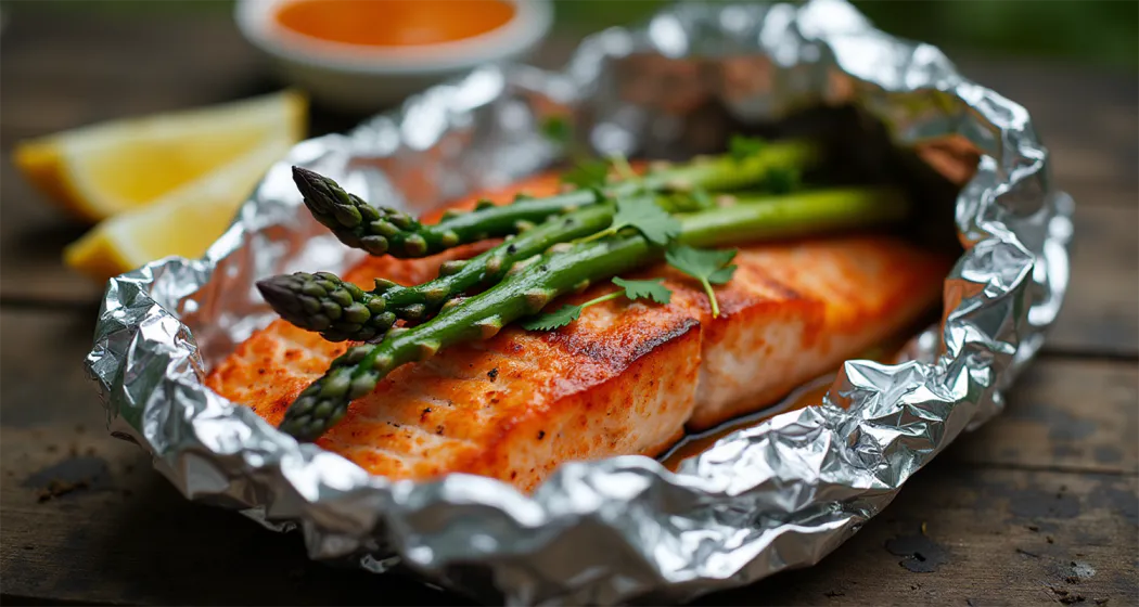 Salmon and Asparagus Foil Packs : Salmon and asparagus foil pack cooked over a campfire, perfect for camping meals.