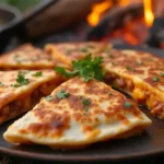 Delicious campfire quesadillas with beans and cheese prepared over a campfire.