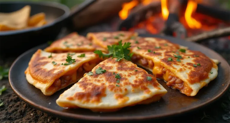 Delicious campfire quesadillas with beans and cheese prepared over a campfire.