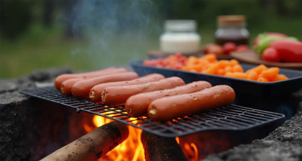 Hot dogs grilling over a campfire with a toppings bar filled with condiments and ingredients nearby.