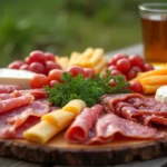 DIY camping charcuterie board with meats, cheeses, fruits, and nuts arranged on a wooden tray outdoors near a campfire.