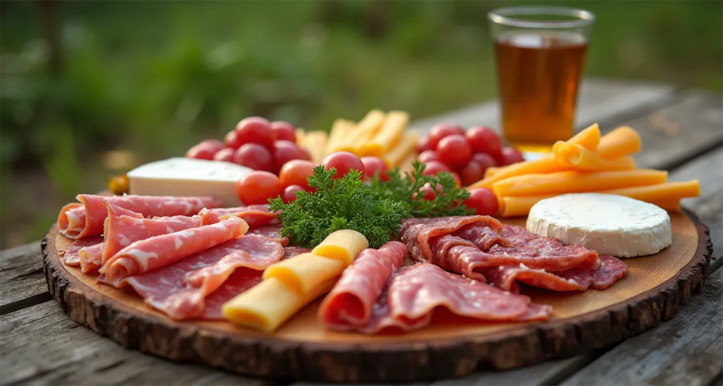 DIY camping charcuterie board with meats, cheeses, fruits, and nuts arranged on a wooden tray outdoors near a campfire.