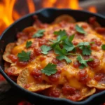 Campfire nachos in a cast-iron skillet with melted cheese, black beans, jalapeños, and tomatoes, surrounded by a glowing campfire