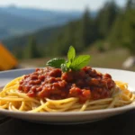 One-Pot Spaghetti with Meat Sauce served at a campsite with a campfire in the background.