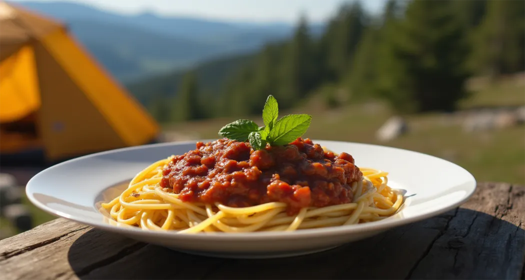 One-Pot Spaghetti with Meat Sauce served at a campsite with a campfire in the background.