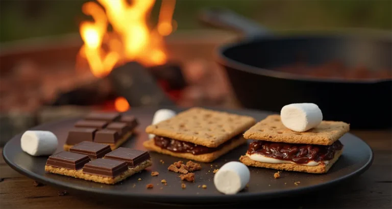 Campfire setup with a cast-iron skillet, chocolate chips, marshmallows, and graham crackers ready for Campfire S’mores Dip