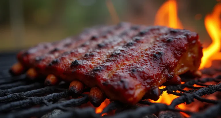 A high-quality image of perfectly cooked BBQ ribs sizzling over a campfire or grill. This image sets the mood and draws the reader in right from the start.