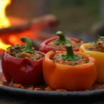 Vegetarian Stuffed Bell Peppers served fresh at a campsite by a glowing campfire.