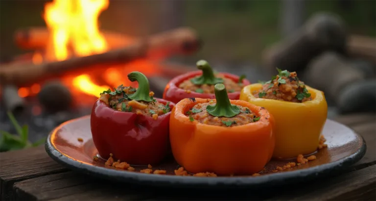 Vegetarian Stuffed Bell Peppers served fresh at a campsite by a glowing campfire.