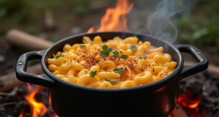 Dutch Oven Mac and Cheese cooking over a campfire with a golden crust