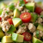 A close-up of creamy Canned Tuna and Avocado Salad served in a bowl, garnished with lime and cilantro.