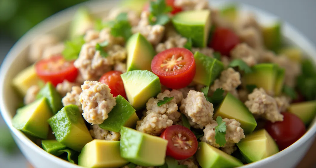 A close-up of creamy Canned Tuna and Avocado Salad served in a bowl, garnished with lime and cilantro.