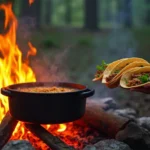 Campfire cooking with Dutch oven and pulled pork tacos under a sunset.