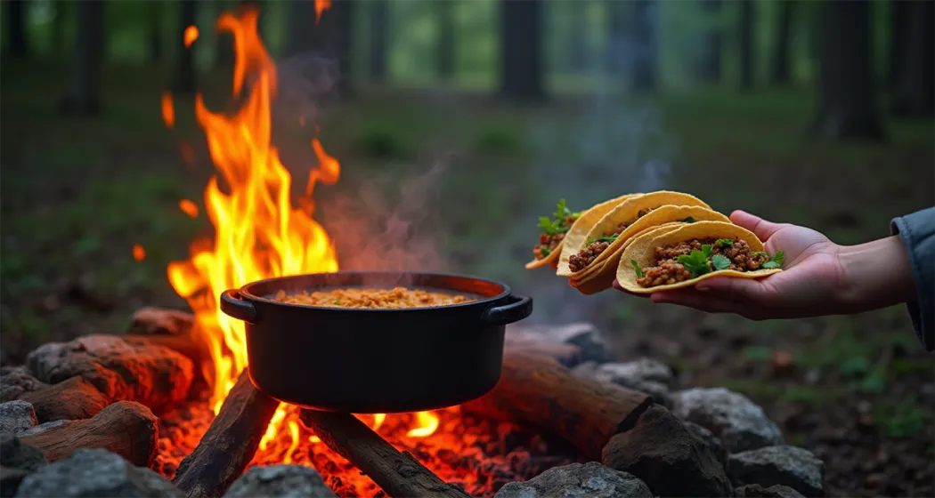 Campfire cooking with Dutch oven and pulled pork tacos under a sunset.