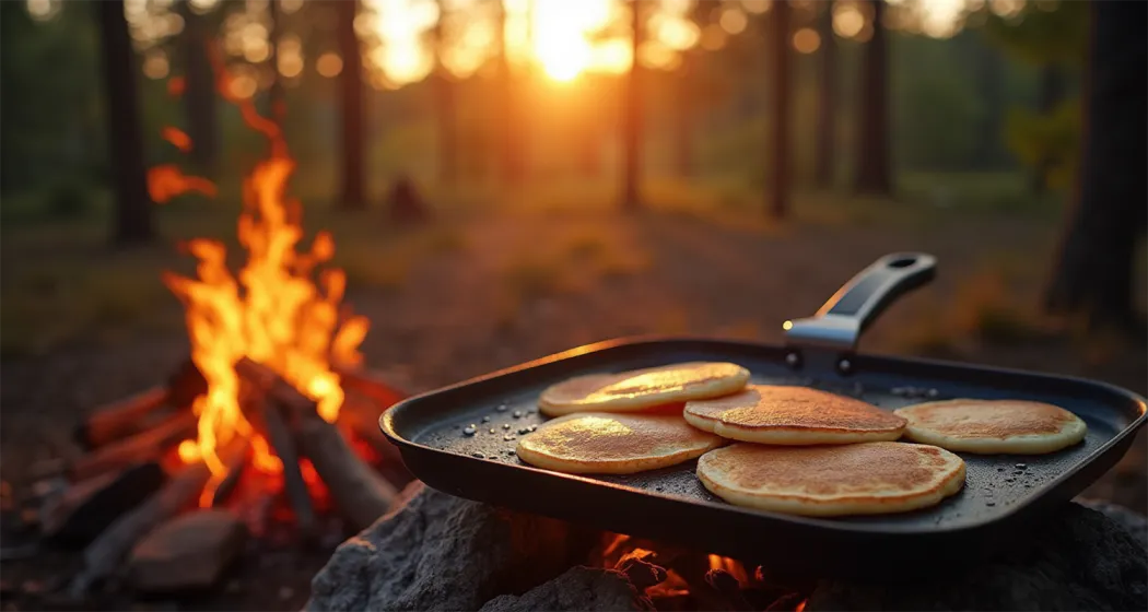 Campfire breakfast with pancakes cooking on a griddle in a scenic outdoor setting.