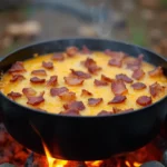 Dutch oven cooking over a campfire surrounded by nature, ideal for making cheesy potato and bacon casserole.