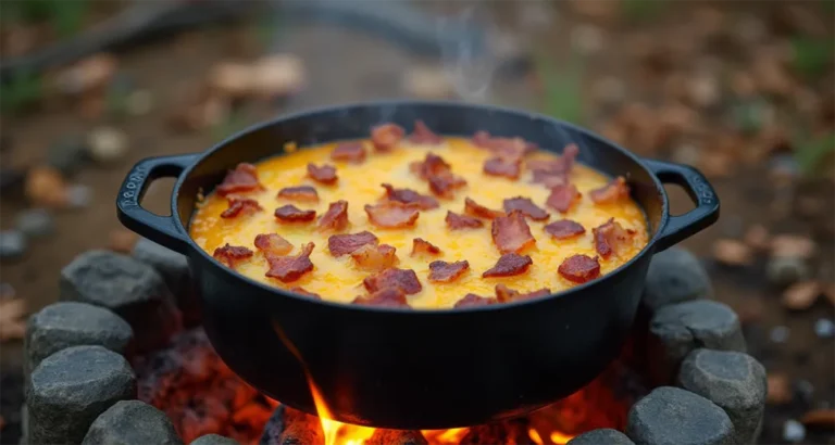 Dutch oven cooking over a campfire surrounded by nature, ideal for making cheesy potato and bacon casserole.