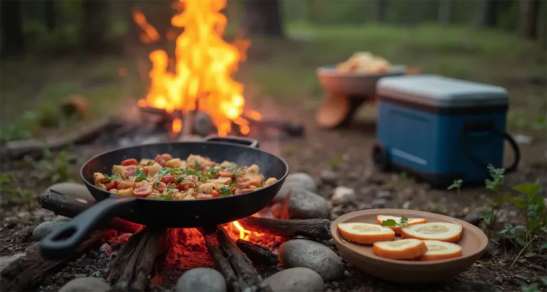 Car Camping Meals : Campfire cooking with cast iron pan and outdoor camping setup with cooler.