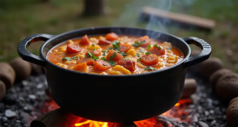 Dutch oven camping recipe cooked over a campfire in a rustic outdoor setting.