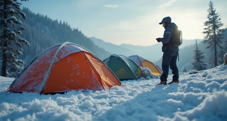 Frosty winter campsite with a person preparing their tent for cold-weather camping.