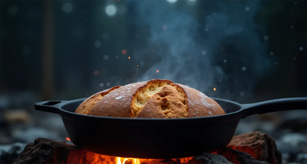 Campfire bread baking in a cast iron skillet under a starry sky