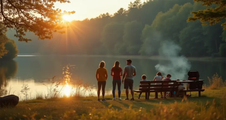 Family enjoying a camping grilling experience by a tranquil lake.