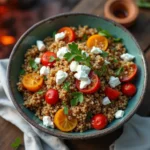 Quinoa bowl with roasted sweet potatoes, zucchini, bell peppers, and feta cheese on a wooden table at a campsite