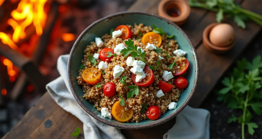 Quinoa bowl with roasted sweet potatoes, zucchini, bell peppers, and feta cheese on a wooden table at a campsite