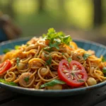 Cold Ramen Noodle Salad served on a picnic table with camping gear in the background