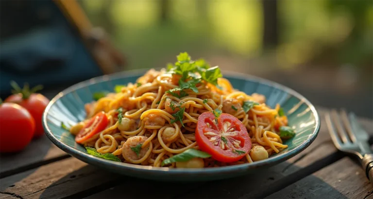 Cold Ramen Noodle Salad served on a picnic table with camping gear in the background