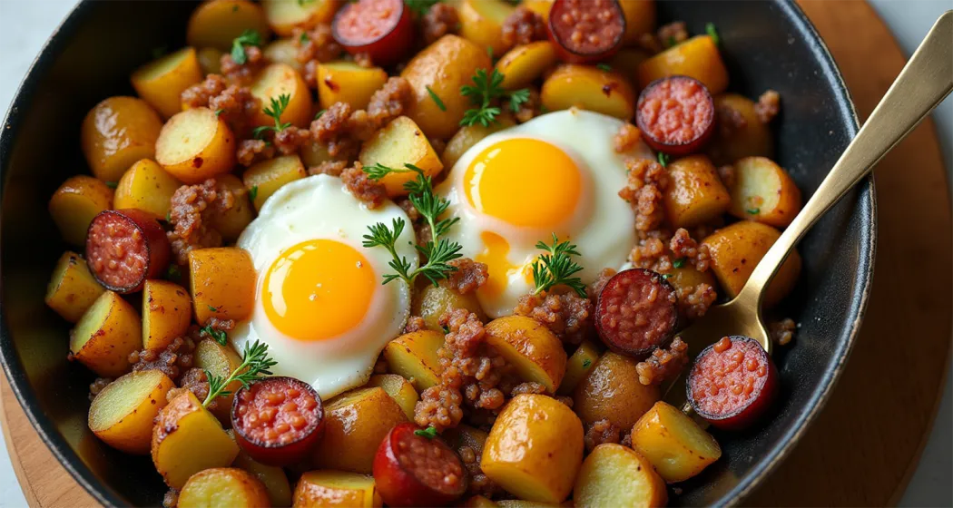 A sunrise campsite with a cast-iron skillet on a campfire, cooking breakfast hash with eggs and sausage