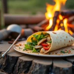 Chicken Caesar Wrap in a campfire setting with camping gear in the background.