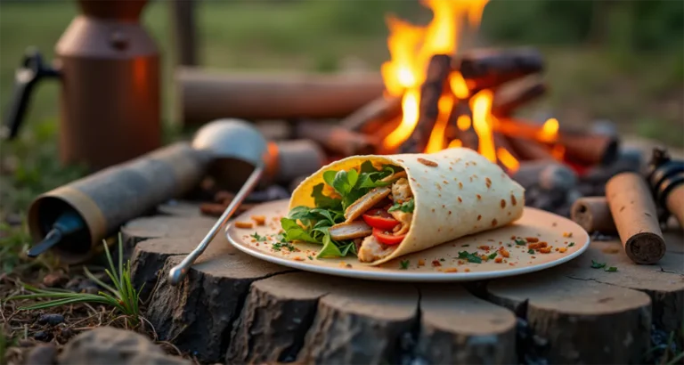 Chicken Caesar Wrap in a campfire setting with camping gear in the background.