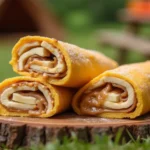 finished Peanut Butter and Banana Roll-Up, styled on a wooden board with a camping backdrop