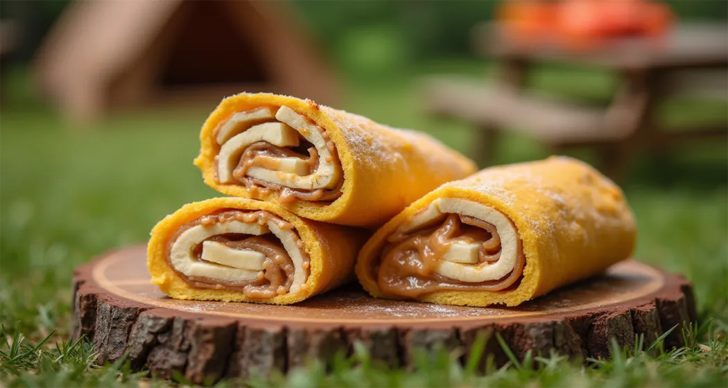 finished Peanut Butter and Banana Roll-Up, styled on a wooden board with a camping backdrop