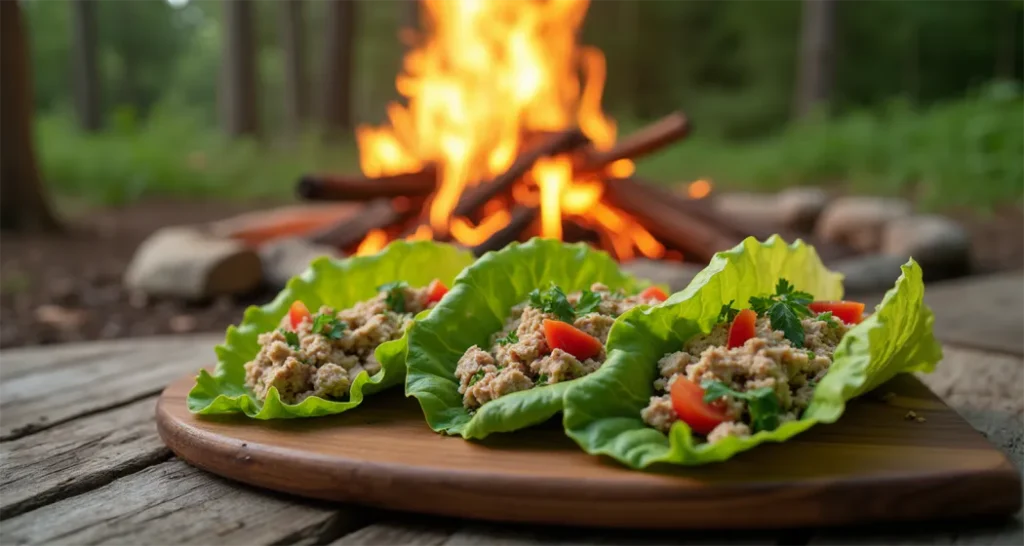 Tuna Salad Lettuce Wraps on a picnic table with a camping background