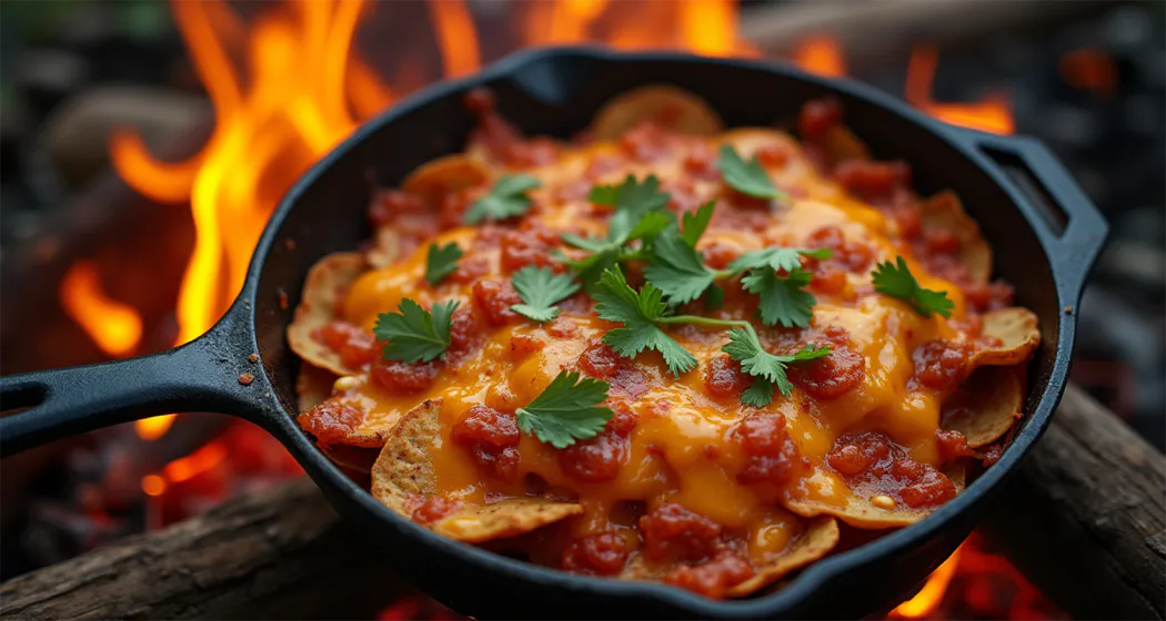 Campfire nachos in a cast-iron skillet with melted cheese, black beans, jalapeños, and tomatoes, surrounded by a glowing campfire