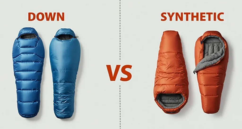 Comparison chart of down and synthetic sleeping bags for winter camping.