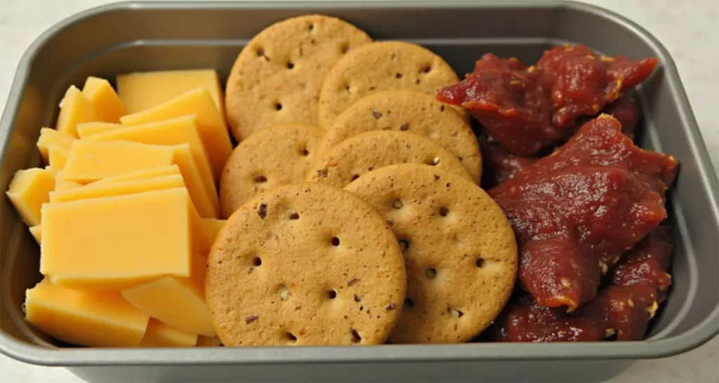 Snack pack with beef jerky, hard cheese, and crackers, ready for travel or on-the-go snacking.