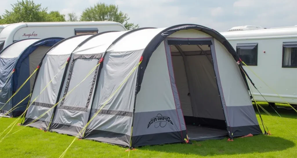 Kampa Dometic Hayling 4 Air inflatable tent set up at a small family campsite.