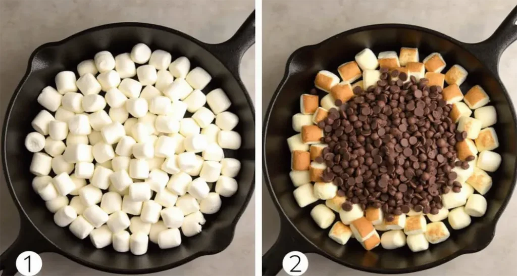 Layering chocolate chips and marshmallows in a cast-iron skillet.