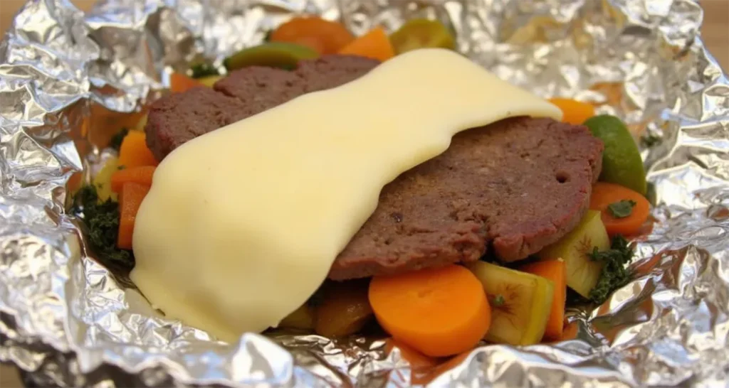 Layering steak and veggies in foil with a slice of provolone cheese.