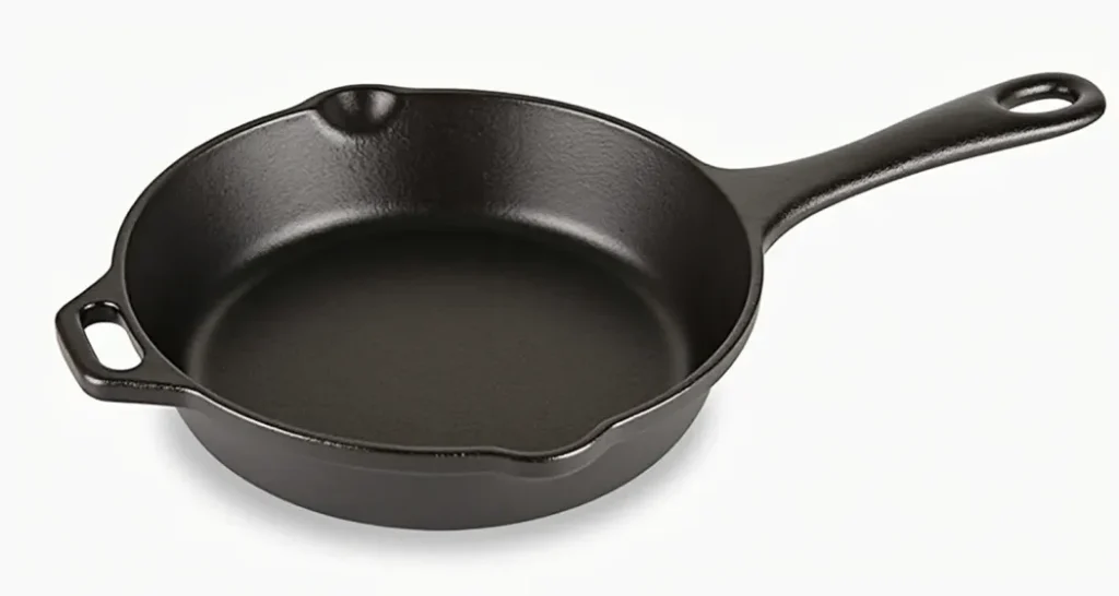 Lodge Cast Iron Skillet on an open flame cooking bacon and eggs.