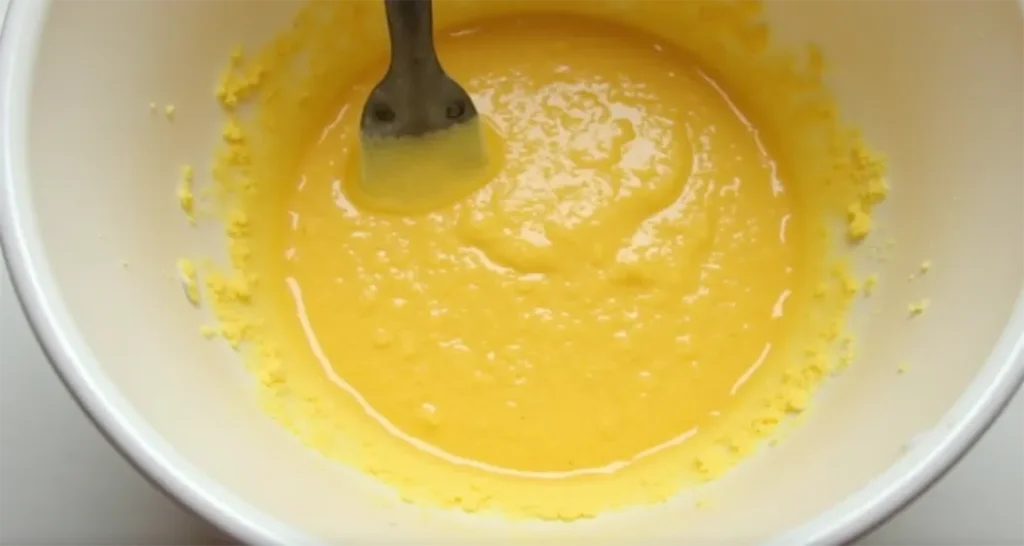 Cornbread batter being stirred in a mixing bowl with a wooden spoon.