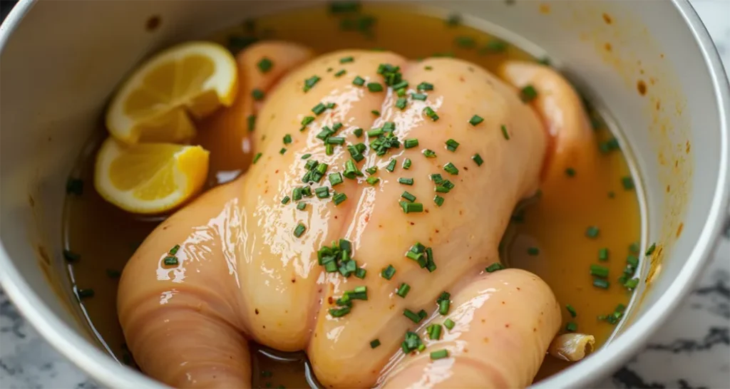 Chicken being marinated with olive oil, lemon juice, garlic, oregano, and spices.